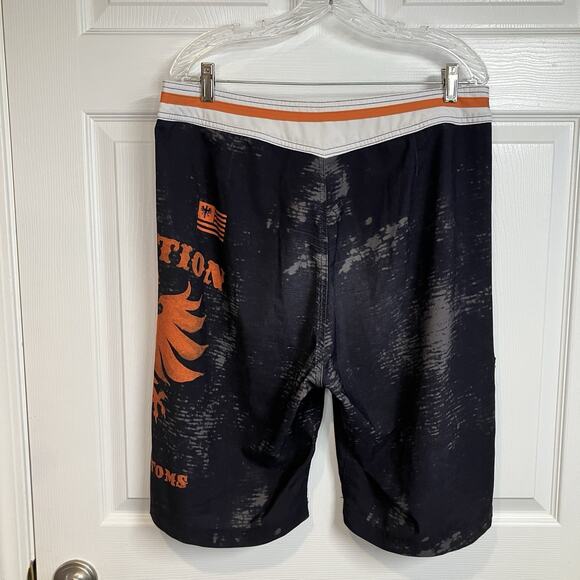 Affliction Board Shorts Black Orange Distressed Patches Swim Trunks Size 36 - Picture 1 of 16